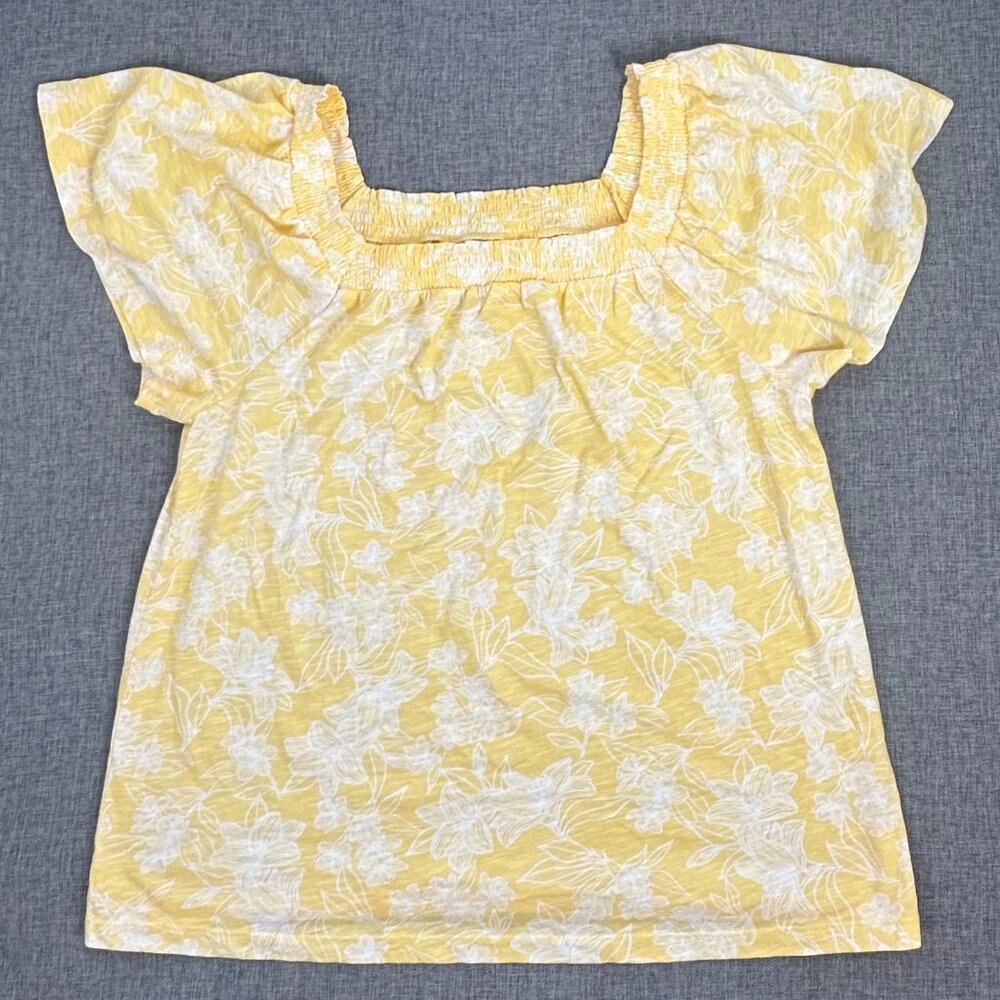 NEW! St Johns Bay Smocked Top Large Cotton Yellow Floral $32 Square Neck